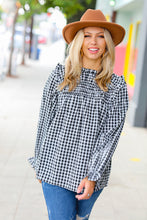 Load image into Gallery viewer, Black Gingham Shirred Yoke Mock Neck Frilled Top
