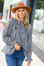 Load image into Gallery viewer, Black Gingham Shirred Yoke Mock Neck Frilled Top
