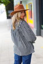 Load image into Gallery viewer, Black Gingham Shirred Yoke Mock Neck Frilled Top
