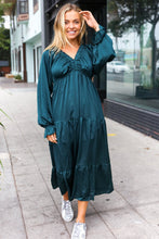 Load image into Gallery viewer, Elegant Hunter Green Elastic V Neck Tiered Satin Maxi Dress
