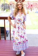 Load image into Gallery viewer, Beautiful You Ivory &amp; Blue Floral Border Print Smocked Waist Dress
