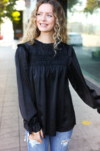 Load image into Gallery viewer, Be Your Best Black Satin Shirred Yoke Frilled Mock Neck Top
