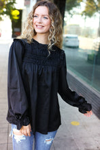 Load image into Gallery viewer, Be Your Best Black Satin Shirred Yoke Frilled Mock Neck Top
