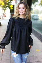 Load image into Gallery viewer, Be Your Best Black Satin Shirred Yoke Frilled Mock Neck Top
