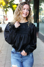 Load image into Gallery viewer, Be Your Best Black Satin Shirred Yoke Frilled Mock Neck Top
