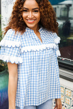 Load image into Gallery viewer, Lost In Love Cotton Blue Gingham Shirred Mock Neck Top
