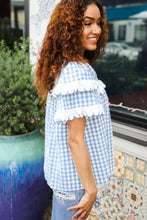 Load image into Gallery viewer, Lost In Love Cotton Blue Gingham Shirred Mock Neck Top
