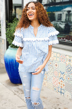 Load image into Gallery viewer, Lost In Love Cotton Blue Gingham Shirred Mock Neck Top
