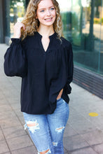 Load image into Gallery viewer, Boho Vibes Black Notched Neck Smocked Bubble Sleeve Top
