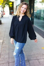 Load image into Gallery viewer, Boho Vibes Black Notched Neck Smocked Bubble Sleeve Top
