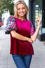 Load image into Gallery viewer, Diva Dreams Wine Floral Sequin Puff Sleeve Velvet Top
