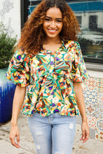 Load image into Gallery viewer, Find Love Green/Yellow Floral Frill Balloon Short Sleeve Top
