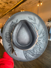 Load image into Gallery viewer, One Size Grey Florals and Feathers flat Brim
