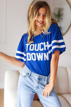 Load image into Gallery viewer, Stand Out Blue &quot;TOUCHDOWN&quot; Sequin Bubble Sleeve Game Day Top
