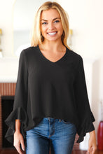 Load image into Gallery viewer, Falling In Love Black Hi-Lo Ruffle Sleeve Woven Top
