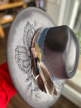 Load image into Gallery viewer, One Size Grey Florals and Feathers flat Brim
