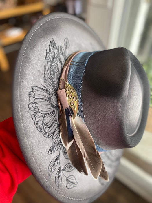 One Size Grey Florals and Feathers flat Brim