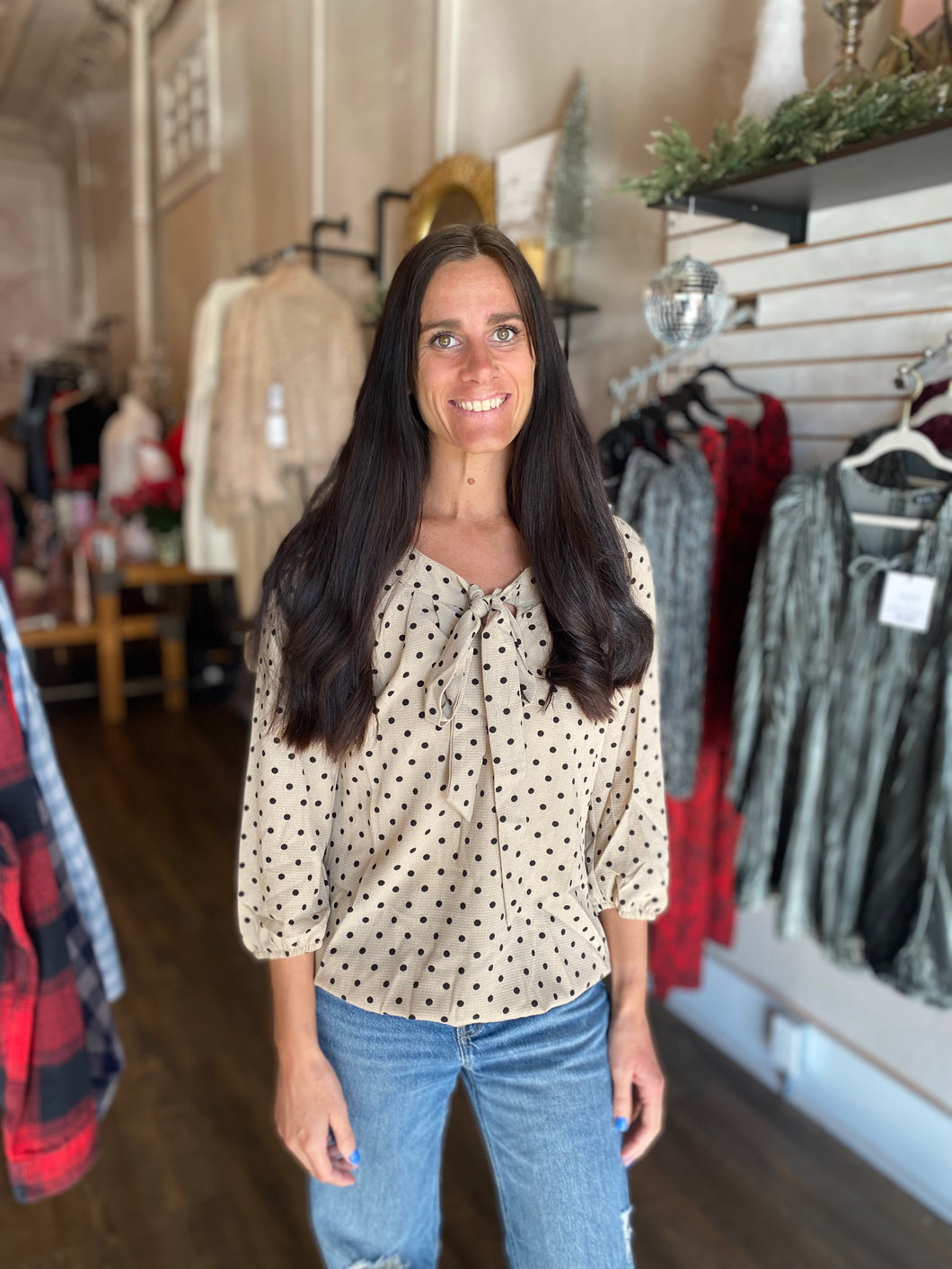 Holiday Bowtie Polka Dot Blouse