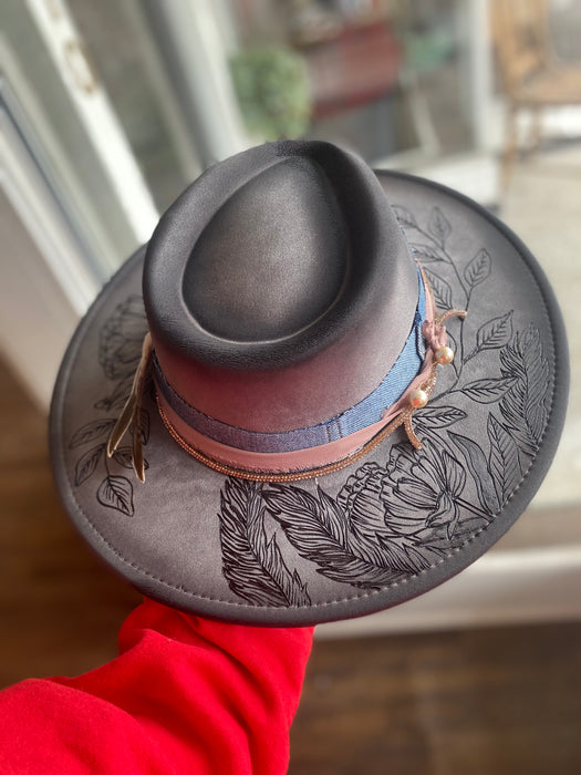 One Size Grey Florals and Feathers flat Brim