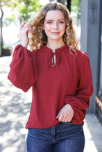 Load image into Gallery viewer, Feeling Femme Off Burgundy Frilled Edge V Neck Tie Top
