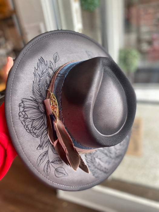 One Size Grey Florals and Feathers flat Brim