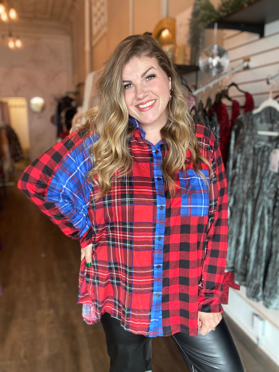 Blue & Red Plaid Flowy Top