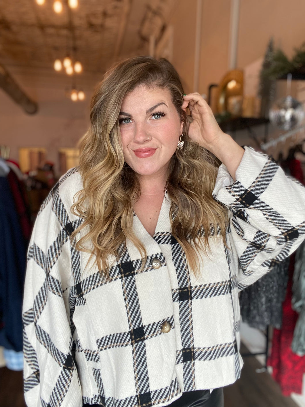 Plaid Pattern Oversized Jacket: CREAM