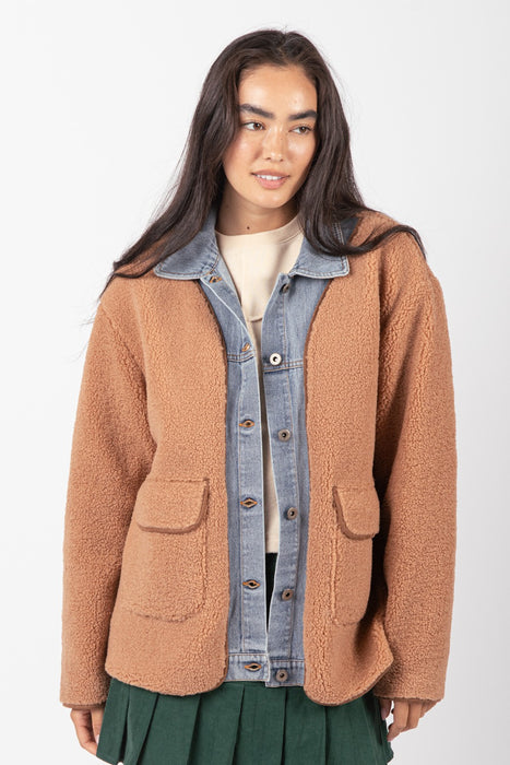 Soft Fleece and Denim Contrast Shacket Jacket - Camel