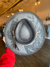 Load image into Gallery viewer, One Size Grey Florals and Feathers flat Brim
