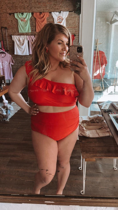 Small red ruffle two piece swim