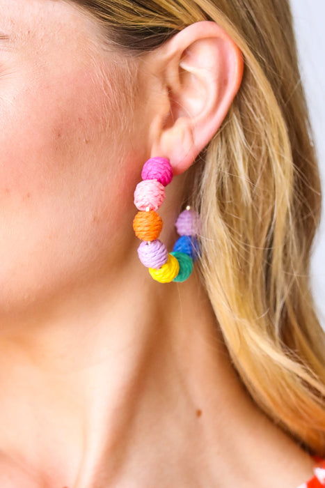 Multicolor Raffia & Gold Pom Hoop Earrings