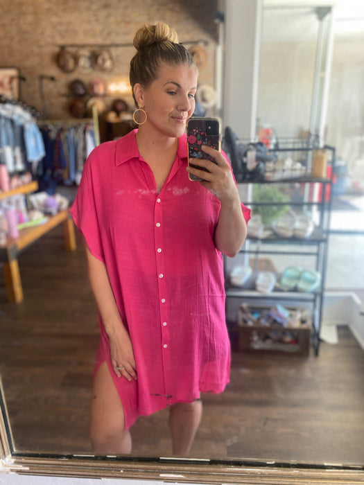 Hot Pink Button Down Tunic Dress