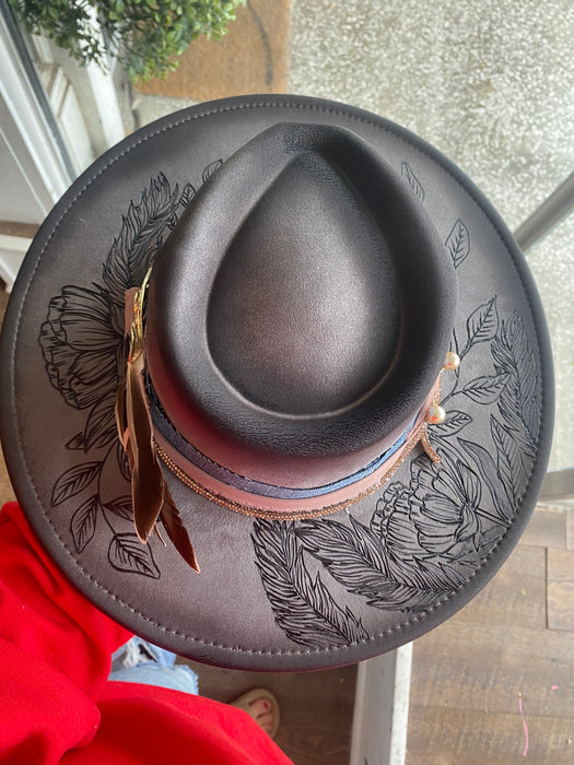 One Size Grey Florals and Feathers flat Brim