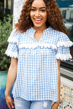 Load image into Gallery viewer, Lost In Love Cotton Blue Gingham Shirred Mock Neck Top
