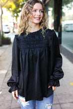 Load image into Gallery viewer, Be Your Best Black Satin Shirred Yoke Frilled Mock Neck Top
