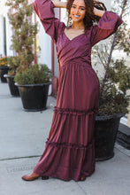 Load image into Gallery viewer, Holiday Vibes Wine Satin Front Overlap Smocked Back Maxi Dress
