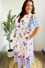 Load image into Gallery viewer, Beautiful You Ivory &amp; Blue Floral Border Print Smocked Waist Dress
