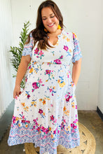 Load image into Gallery viewer, Beautiful You Ivory &amp; Blue Floral Border Print Smocked Waist Dress
