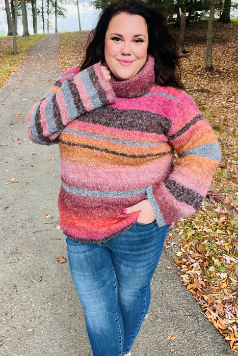 Going My Way Rust & Mustard Stripe Boucle Turtleneck Sweater
