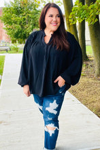 Load image into Gallery viewer, Boho Vibes Black Notched Neck Smocked Bubble Sleeve Top
