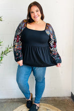 Load image into Gallery viewer, Charming Black Square Neck Border Print Bubble Sleeve Top
