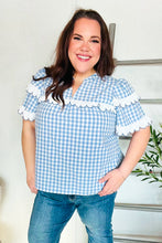 Load image into Gallery viewer, Lost In Love Cotton Blue Gingham Shirred Mock Neck Top
