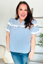 Load image into Gallery viewer, Lost In Love Cotton Blue Gingham Shirred Mock Neck Top
