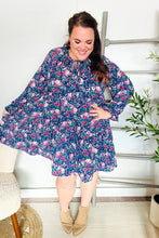 Load image into Gallery viewer, Feeling Joyful Navy Floral Bow Tie Babydoll Long Ruffle Sleeve Dress
