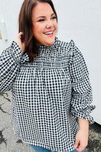 Load image into Gallery viewer, Black Gingham Shirred Yoke Mock Neck Frilled Top
