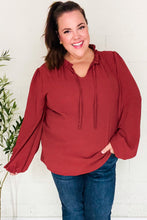 Load image into Gallery viewer, Feeling Femme Off Burgundy Frilled Edge V Neck Tie Top
