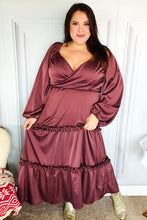 Load image into Gallery viewer, Holiday Vibes Wine Satin Front Overlap Smocked Back Maxi Dress
