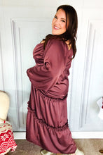 Load image into Gallery viewer, Holiday Vibes Wine Satin Front Overlap Smocked Back Maxi Dress
