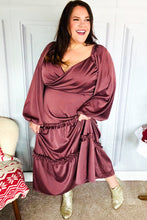 Load image into Gallery viewer, Holiday Vibes Wine Satin Front Overlap Smocked Back Maxi Dress
